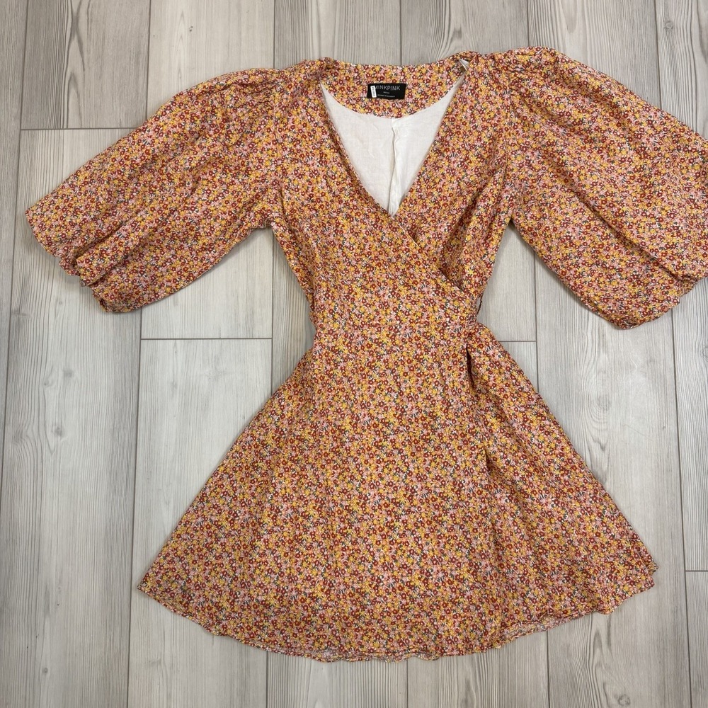 MINKPINK Morwell Medium Boho Floral Wrap Mini Dress Puff Sleeve Cottagecore - Picture 2 of 10